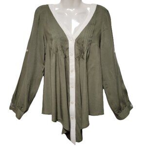 Sage Green Long Sleeve Cotton Blouse Top with White Trim  Size XS  S   M
